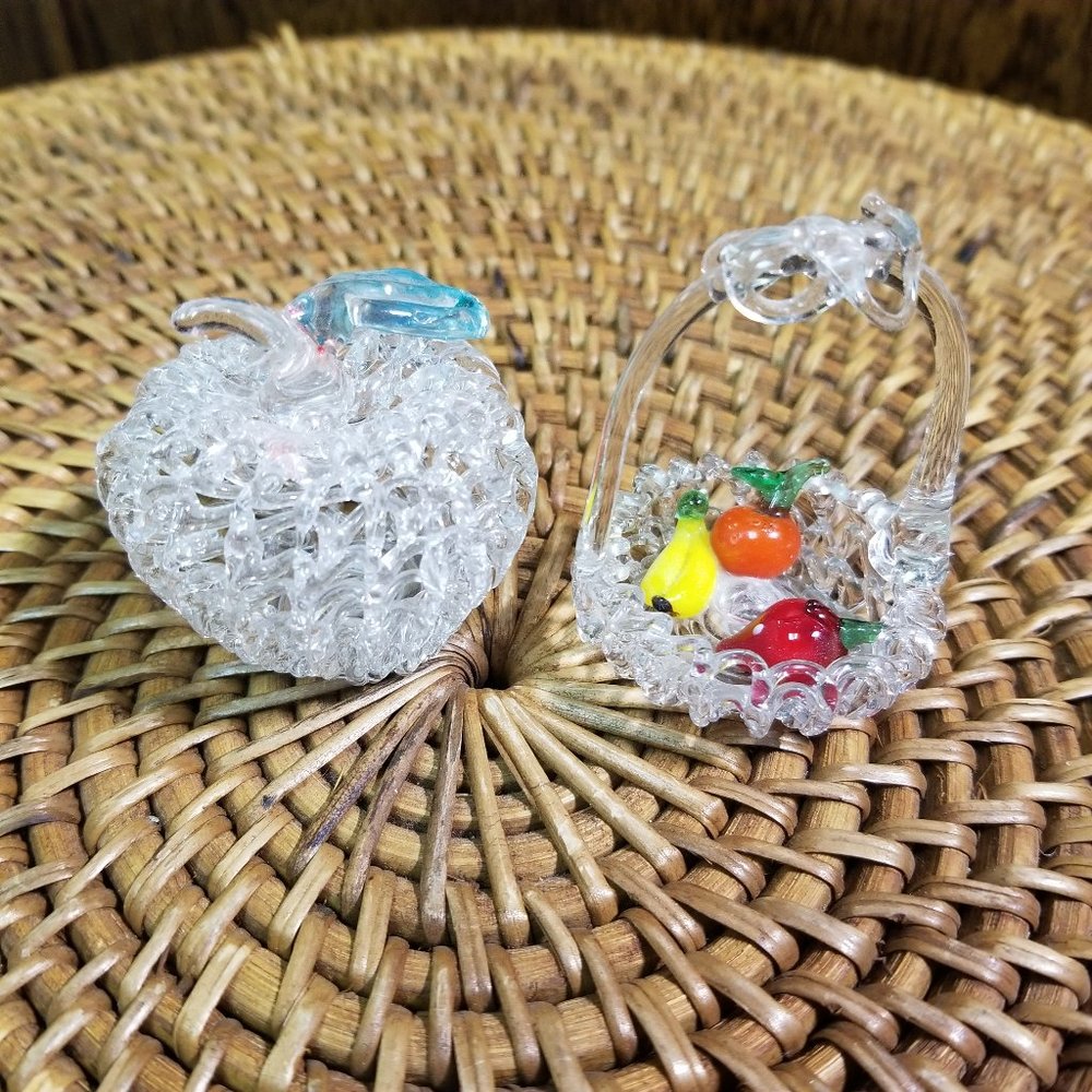 Vintage Flambro Spun Glass Fruit Basket + Apple Art Décor Still Life Figurines